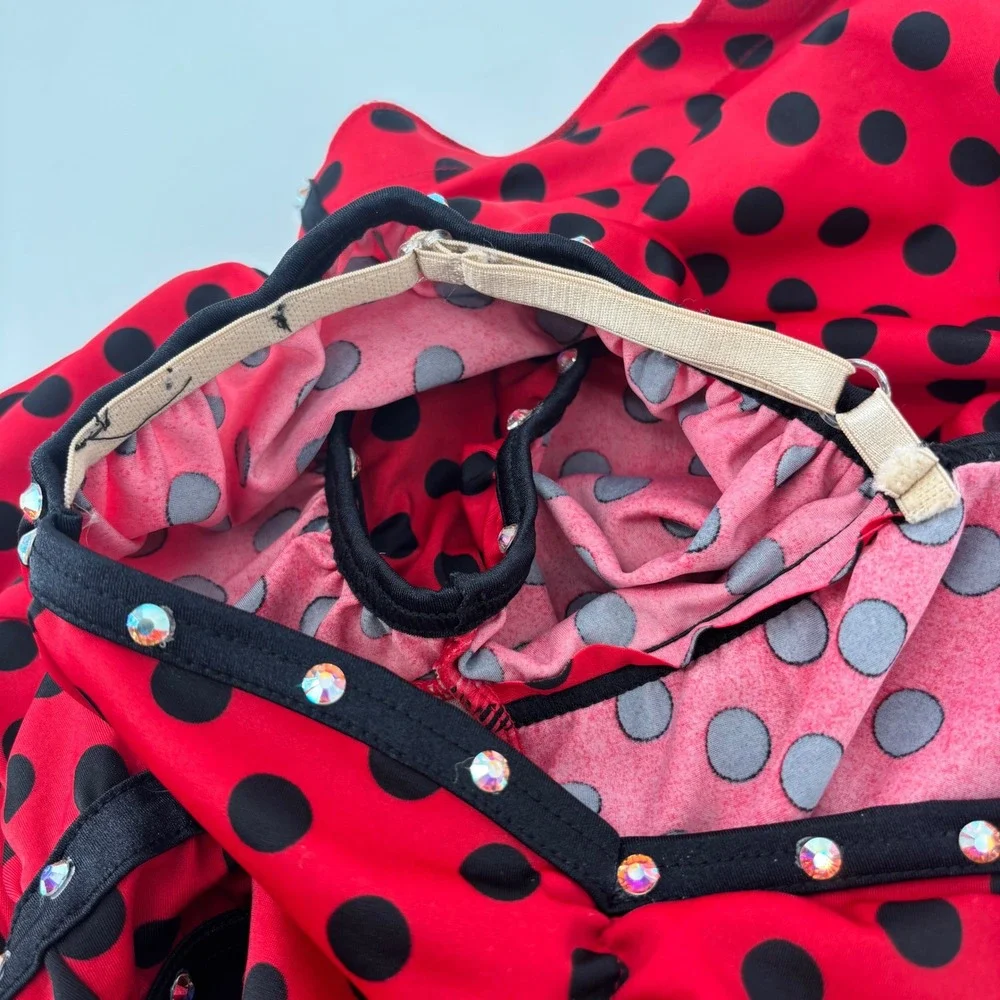 Ladybug Red Black Polka Dot Rhinestone Open Back Dance Costume Large Girls